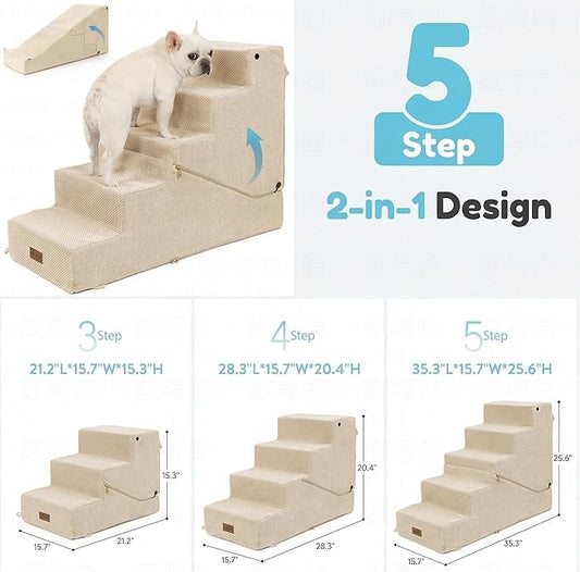 5-Step Dog Stairs and Ramp for Small Dogs and Cats, Pet Steps for High Bed with Non-Slip Bottom, Beige