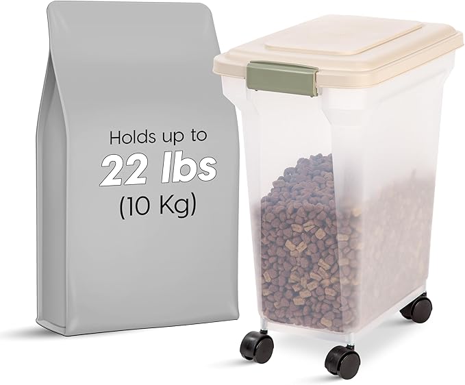 IRIS USA Airtight Dog Food Storage Container, WeatherPro, Up to 22 lbs, Removable Wheels, for Dog Cat Bird and Other Pet Food Storage Bin, Keep Fresh, Made in USA, Almond/Clear