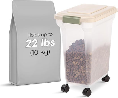 IRIS USA Airtight Dog Food Storage Container, WeatherPro, Up to 22 lbs, Removable Wheels, for Dog Cat Bird and Other Pet Food Storage Bin, Keep Fresh, Made in USA, Almond/Clear