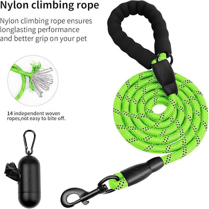 Heavy Duty Dog Leash for Large Medium Small Breed Dogs, Reflective Rope Dog leashes with Comfortable Handle,4/5/6 FT Pet Puppy Leash for Night Walking with Poop Bag Holder,Green,1/2 inch