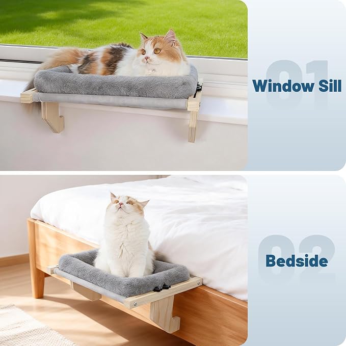 Cat Sill Window Perch - 100% Natural Pine Frame, Soft Rabbit Fur Cushion, Tool-Free Adjustment, Supports 40 lbs (Medium-Grey)