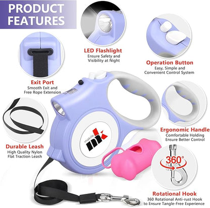 Retractable Dog Leash with LED Light Makife 5m Extendable Dog Lead for Small Medium Puppis up to 25kgs, One-Hand Brake & Lock System, Ergonomic Handle - Purple