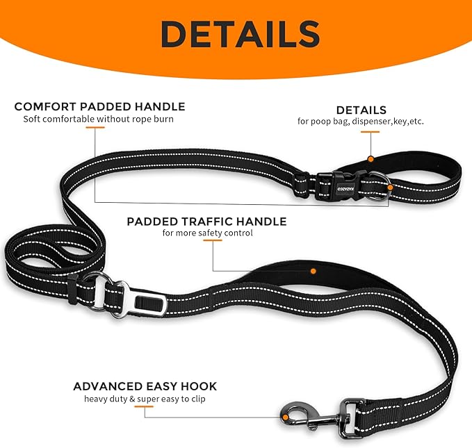 Kazazoo Hands-Free Dog Leash with Adjustable Length 5.5-8.5FT + Dual Padded Handles Reflective Safety for Walking, Jogging & Training | Suitable for Medium to Large Dogs & Puppies M Size Black
