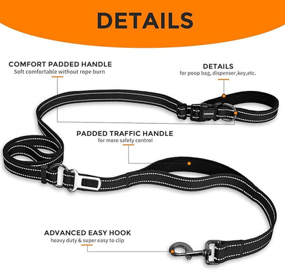 Kazazoo Hands-Free Dog Leash with Adjustable Length 5.5-8.5FT + Dual Padded Handles Reflective Safety for Walking, Jogging & Training | Suitable for Medium to Large Dogs & Puppies M Size Black