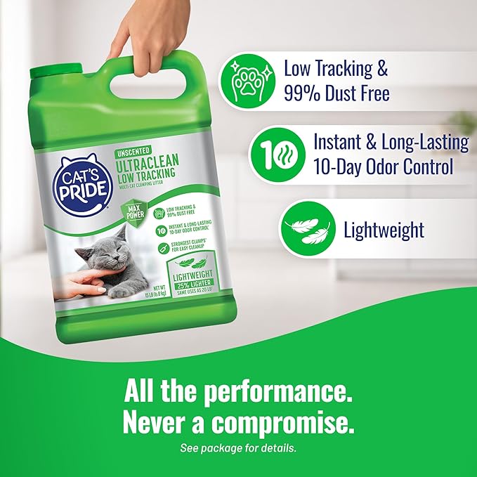Cat's Pride Max Power: UltraClean Low Tracking Multi-Cat Clumping Litter - Keeps Paws & Home Clean - Up to 10 Days of Powerful Odor Control - 99% Dust Free - Unscented, 15 Pounds