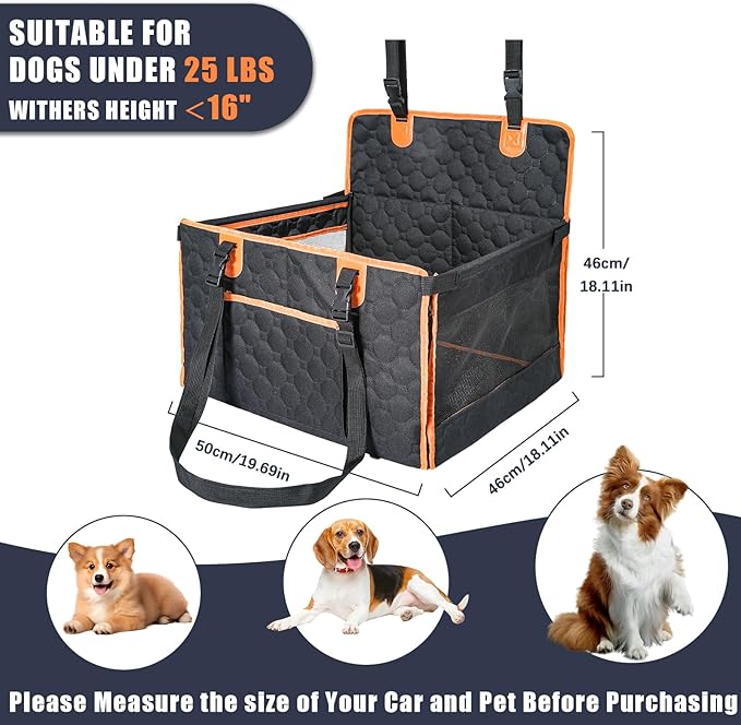 Dog Car Seat for Medium Small Dogs, Pet Car Seat with Adjustable Safety Belt & Storage Pockets, Breathable Waterproof Pet Car Seats Cover, Small Dog Seats for Dogs Under 30lbs (Medium, Orange)