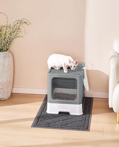 Cat Litter Box with X-Large Litter Mat and Scoop, Large Covered Litter Box with Lid, Enclosed Kitty Box,Front Top Entry Exit, Odor Control Easy to Clean (Upgrade Dark Grey)