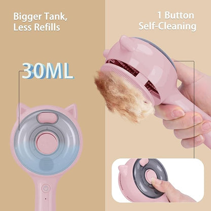 Pet Steam Brush for Cats & Dogs ，3-in-1 Pet Grooming Comb，Reduces Shedding, Soft Bristles, Promotes Healthy Coat-Comes - Includes Waterless Shampoo，Pink