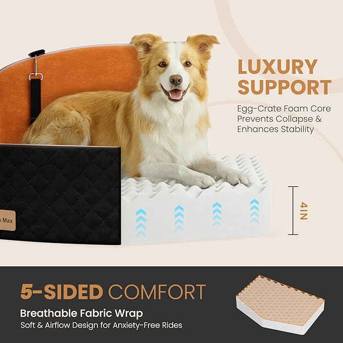 Dog Car Seat for Medium/Large Dogs, Memory Foam Dog Booster Seat with Thick Cushion up to 55 lbs or 2 Small Dogs, Travel Pet Car Seat with Detachable Washable Cover, 2 Safety Leashes (Black/Brown)