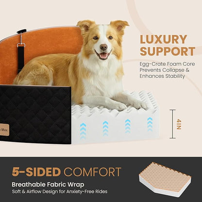 Dog Car Seat for Medium/Large Dogs, Memory Foam Dog Booster Seat with Thick Cushion up to 55 lbs or 2 Small Dogs, Travel Pet Car Seat with Detachable Washable Cover, 2 Safety Leashes (Black/Brown)