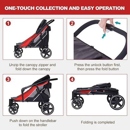 Large Dog Stroller-4 Wheel Pet Strollers for Medium Dogs or 2 Dogs- One-Click Foldable - Large Breathable Mesh & Sunroof - All Terrain Pet Stroller for Medium Senior Dog up to 88 lbs (Black-Red)
