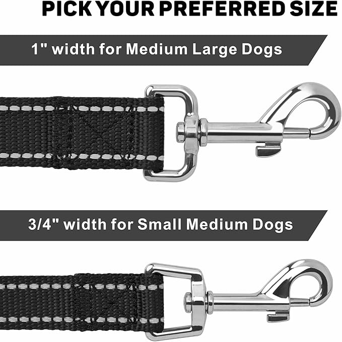 Reflective Dog Leash 4ft Soft Padded Handle Nylon Lead for Small & Medium Dogs, Durable Walking Training Leash for Night Safety (Black,3/4Inch Wide)