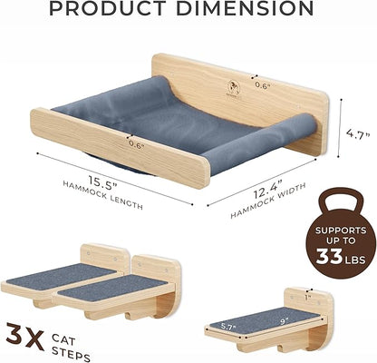 Space-Saving Cat Wall Shelves – Interactive Cat Wall Climber with Hammock & Dog Proof Feeding Station for Small & Medium Indoor Breeds – Solid Natural Wood with Gray Carpet