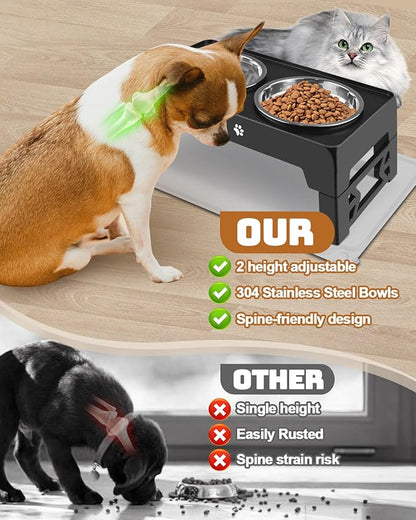 Elevated Dog Bowls for Small Dogs and Cats with Mat, Non-Slip Cat Bowls with 2 Thick 5.5" Stainless Steel Dishes, Dog Feeder 2 Heights Adjustable to 2.6"-5.3"