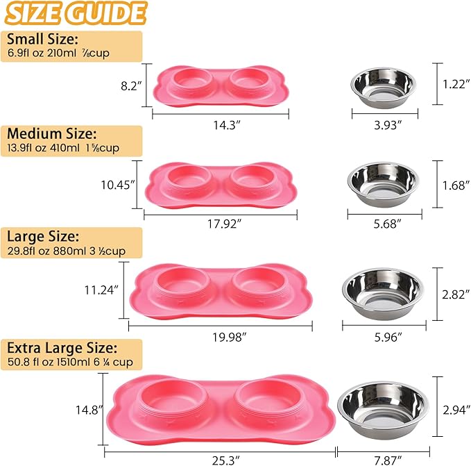 Hubulk Pet Dog Bowls 2 Stainless Steel Dog Bowl with No Spill Non-Skid Silicone Mat + Pet Food Scoop Water and Food Feeder Bowls for Feeding Small Medium Large Dogs Cats Puppies (S, Pink)
