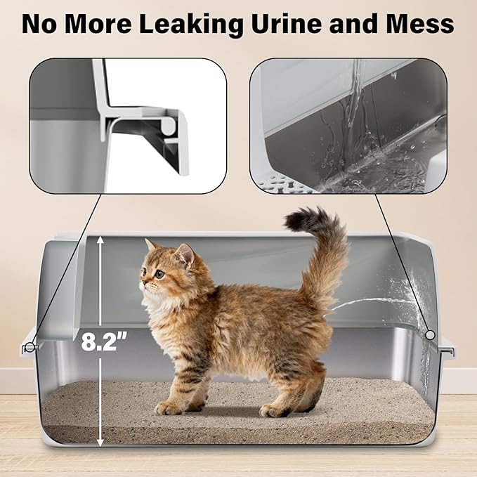 Stainless Steel Litter Box with Lid, Metal Litter Box High Sides, Low Entry Litter Boxes with Scoop and Mat,Non-Stick,Anti-Leakage,Easy to Clean Litterbox for Small to Medium Cats