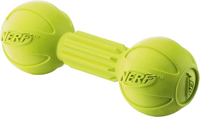 Nerf Dog Rubber Chew Barbell Dog Toy for Aggressive Chewers, Lightweight, Durable and Water Resistant, 7.5 Inches, for Medium/Large Breeds, Single Unit, Green (6994)