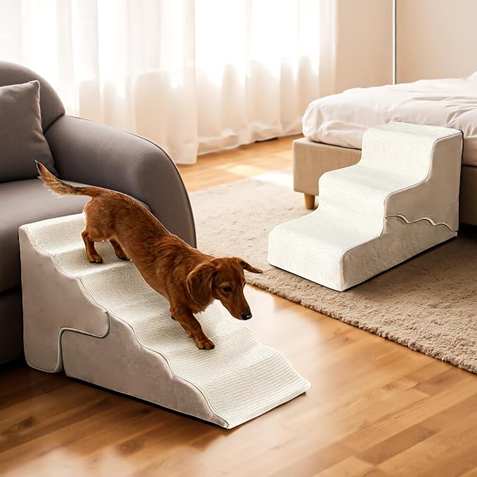 Mestuel Dog Stairs for Small Dogs Cats, Small Pet Stairs Steps, Foam 4-Tier Pet Stairs Steps for Couch Sofa, Dog Ramp Ladder Indoor with Nonslip Bottom &Washable Cover, Beige