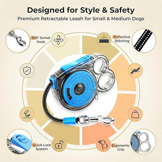 Retractable Dog Leash for Small Dogs, 10ft Retractable Leash for Puppies Up to 26 lbs, 360° Tangle-Free Heavy Duty Nylon Tape, One-Handed Brake Pause Lock, Reflective Strip for Safe Night Walking