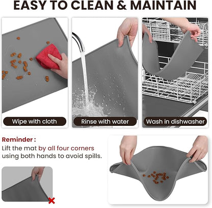 VIVAGLORY Dog Bowl Mat Grippymat Pet Food Mat, Waterproof Washable Nonslip Silicone for Pet & Cat, Food and Water Placemat with Lip & Raised Edges for Indoor Floor, S, Light Grey