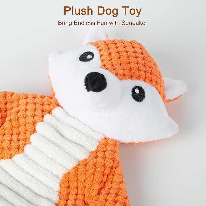 No Stuffing Squeaky Dog Toys Plush Chew Toy for Small Medium Puppy Large Breed, Stuffless Cute Animal Plush Toy for Indoor Play, Tough Durable Teething Interactive Gift, Fox,Red
