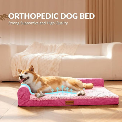Patas Lague Orthopedic Dog Bed Large Sized Dog 36''X24'', Waterproof L Bolster Medium Pet Sofa Beds with Removable Washable Cover, Soft Comfortable Pet Couch Crate Mat with Nonskid Bottom, Pink