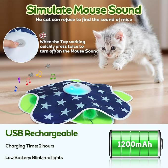 Interactive Cat Toys with Moving Feather Concealed in Mat, Motion Activated, Mouse Squeaky, Rechargeable Cat Exercise Toys for Bored Cats