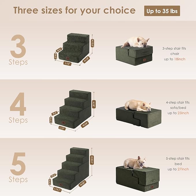 EHEYCIGA Dog Stairs for Bed 18" H, 4-Step Dog Steps for High Bed, Pet Steps for Small Dogs and Cats, Non-Slip Balanced Pet Ramp Indoor, Military Green