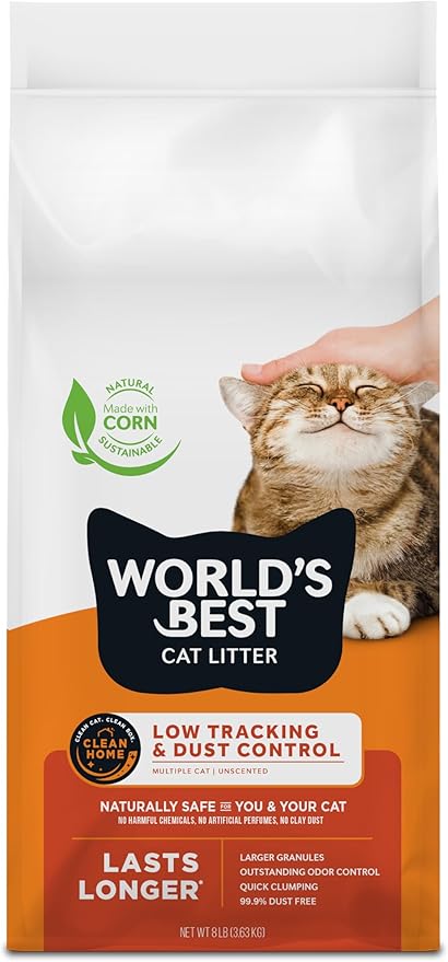 WORLD'S BEST CAT LITTER Low Tracking & Dust Control Multiple Cat Unscented 8-Pounds - Natural Ingredients, Quick Clumping, Flushable & Made in USA - Long-Lasting Odor Control & Easy Scooping