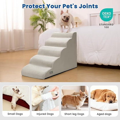 5 Step Dog Stairs for High Bed – Pet Steps for Small Dogs, Non-Slip Dog Ramp with Washable Cover, Pet Ladder for High Beds,Light Grey