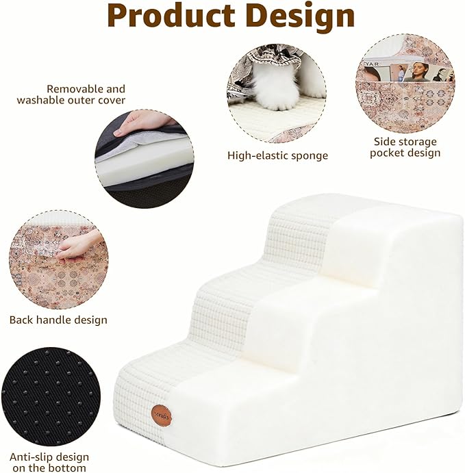 15.7” H Ramp Dog Stairs for Small Dogs, Printed Fabric 3 Tier Wider Curved Pet Stairs for Couch and Beds，Non-Slip Bottom for Old Cats with High-Density Foam and Washable Cover