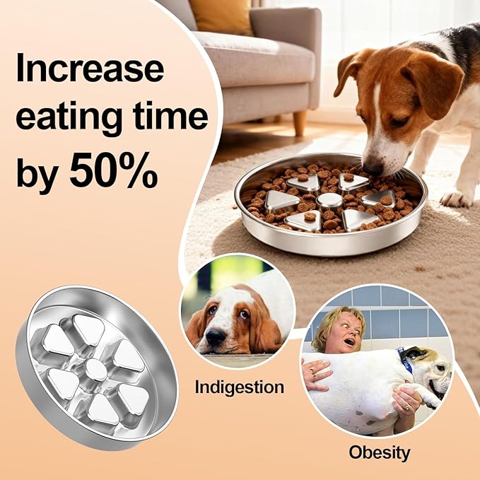 Kactoily Stainless Steel Slow Feeder Dog Bowl, 3 Cup Heavy Duty Slow Eating Bowl, Deep Maze & Non-Slip Base for Medium Dogs & Large Breed Puppies, Dishwasher Safe