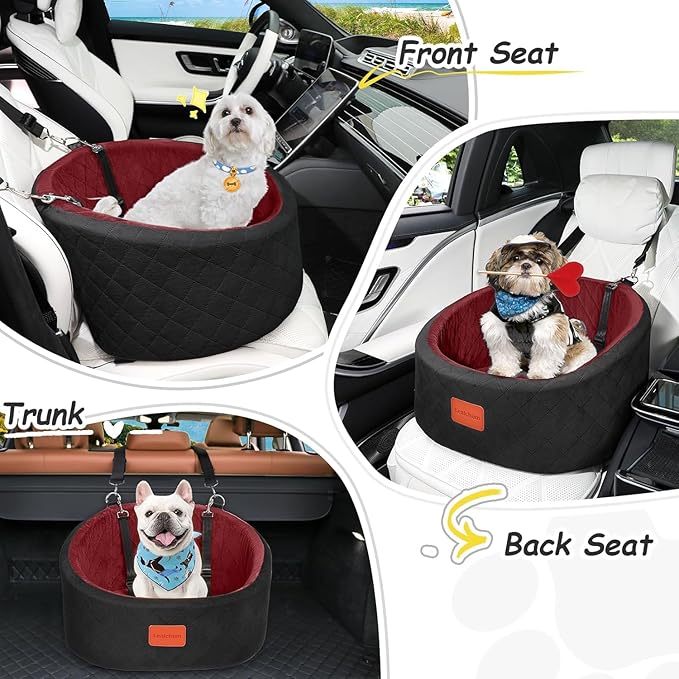 Lealchum Dog Car Seat for Small Dogs Up to 30 Lbs,Ultra Soft Fabric Fill in Comfy Memory Foam,Happy Pet Ride,2 Safety Dog Leashes,Fully Detachable and Washable,Anti Slip Base(Black/Red)