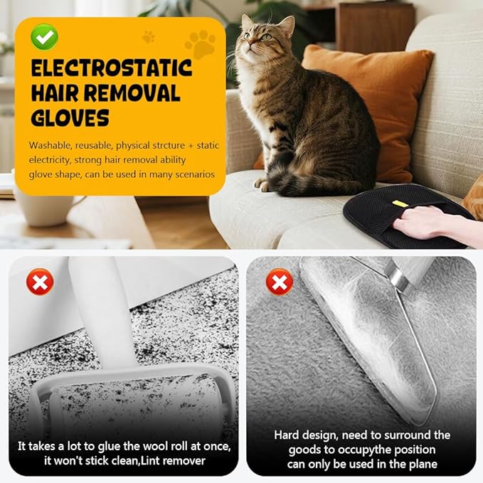 3Pcs Pet Hair Removal Glove, Electrostatic Hair Removal Glove for Cats and Dogs, Reusable Hair Remover for Couch, Carpet, Car Seat, Laundry Clothing Quick Cleaning Tool for Pet Owners (#4)