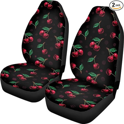 Cherry Print Car Seat Covers Full Set of 2, Cloth Seat for Auto Front Seats, Black Bucket Seat Covers for Cars Washable and Breathable Car Accessories for Sedan Truck SUV