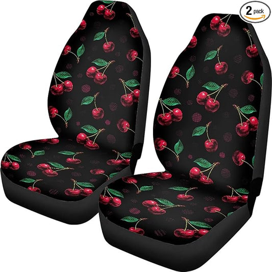 Cherry Print Car Seat Covers Full Set of 2, Cloth Seat for Auto Front Seats, Black Bucket Seat Covers for Cars Washable and Breathable Car Accessories for Sedan Truck SUV