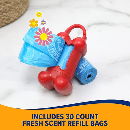 Arm & Hammer Dog Bone Shape Poop Bag Dispenser With 30 Count Dog Poop Bags With Activated Baking Soda; 9 x 14 Inches; Assorted Colors