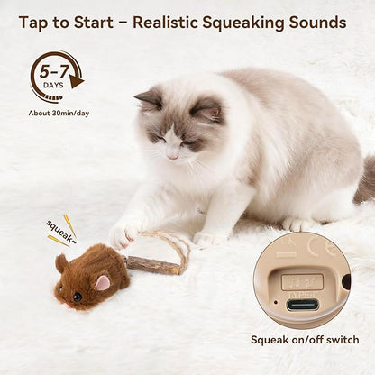 Migipaws Interactive MigiMouse Cat Toy 360° Rolling & Spin with Wiggling Tail for Indoor Cats Smart Motion Sensor, Realistic Squeak, Rechargeable Plush Kitten Toy (Brown)