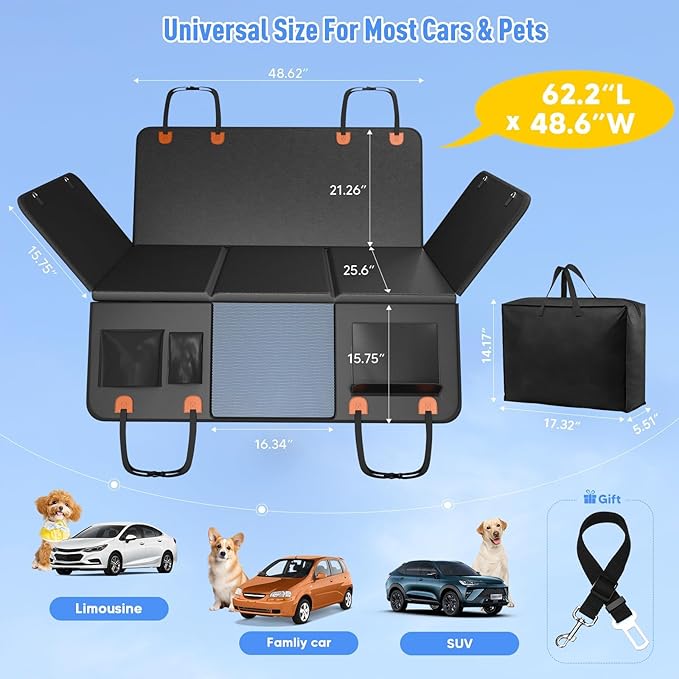 Back Seat Extender for Dogs, Heavy-Duty Hard Bottom Backseat Cover, Car Hammock for Dogs & Pets, Upgraded PU Leather - Waterproof & Anti-slip & Anti-scratch & Wipe-down Cleaning for Cars & SUVs