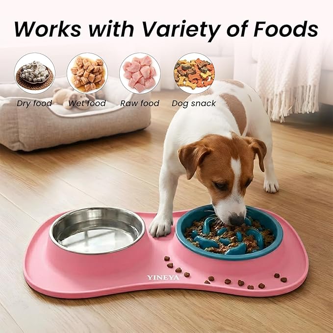 Slow Feeder Dog Bowls Stainless Steel Food and Water Bowl Set 3 in 1 No Spill Waterproof Silicone Pet Food Mat Puppy Feeding Station for Large Medium Small Breed Non Slip Metal Dish Tray by YINEYA