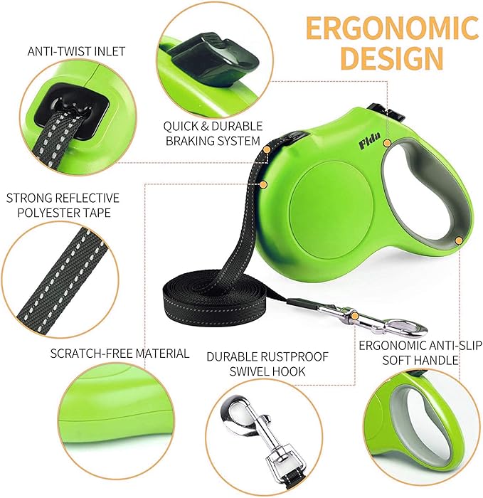 Fida Retractable Dog Leash with Dispenser and Poop Bags, 10 ft Pet Walking Leash for X-Small Dog or Cat up to 18 lbs, Anti-Slip Handle, Tangle Free, Reflective Nylon Tape (XS, Green)
