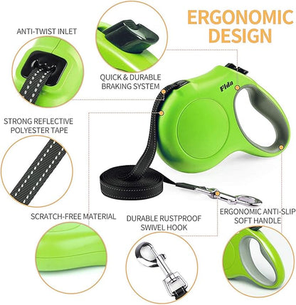 Fida Retractable Dog Leash for Medium Breed up to 44 lbs, 16 ft Pet Walking Leash with Dispenser and Poop Bags, Anti-Slip Handle, Reflective Strong Nylon Tape, One-Handed Brake (M, Green)
