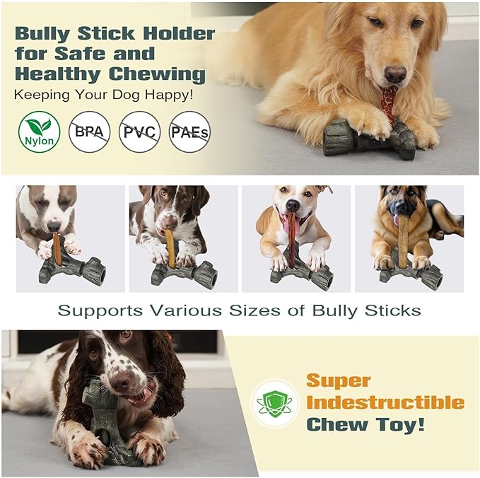 Bully Stick Holder & Frozen Snack Toy 2-in-1 for Large Aggressive Chewers, Durable Dog Chew Toy Reduces Anxiety & Prevents Choking, BPA-Free