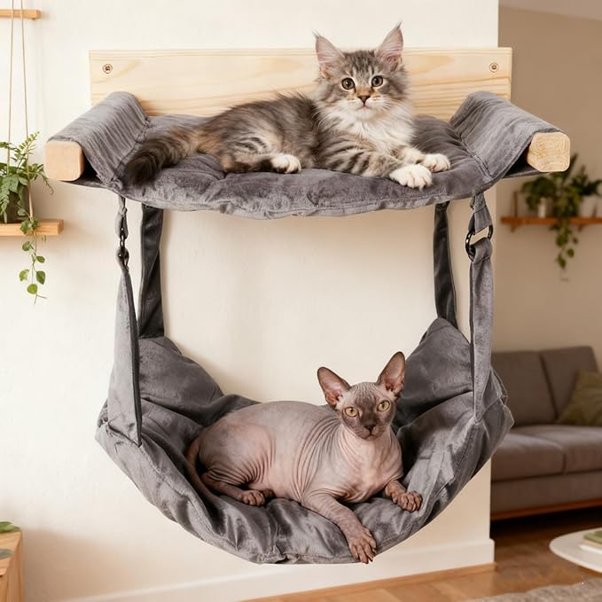JSPYFITS Wooden Cat Wall Hammock, 18.9 x 12.6 Inch Double Layer Cat Furniture Hammock, Large Removable Multi-Function Cats Bed for Sleep/Play/Climb/Lounge Easy DIY Installation(Grey)