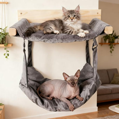 JSPYFITS Wooden Cat Wall Hammock, 18.9 x 12.6 Inch Double Layer Cat Furniture Hammock, Large Removable Multi-Function Cats Bed for Sleep/Play/Climb/Lounge Easy DIY Installation(Grey)