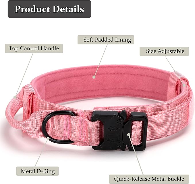Tactical Dog Collar, Adjustable Military Training Nylon Dog Collar with Control Handle and Heavy Quick-Release Metal Buckle for Small Medium Large Dogs, Light Pink XXL
