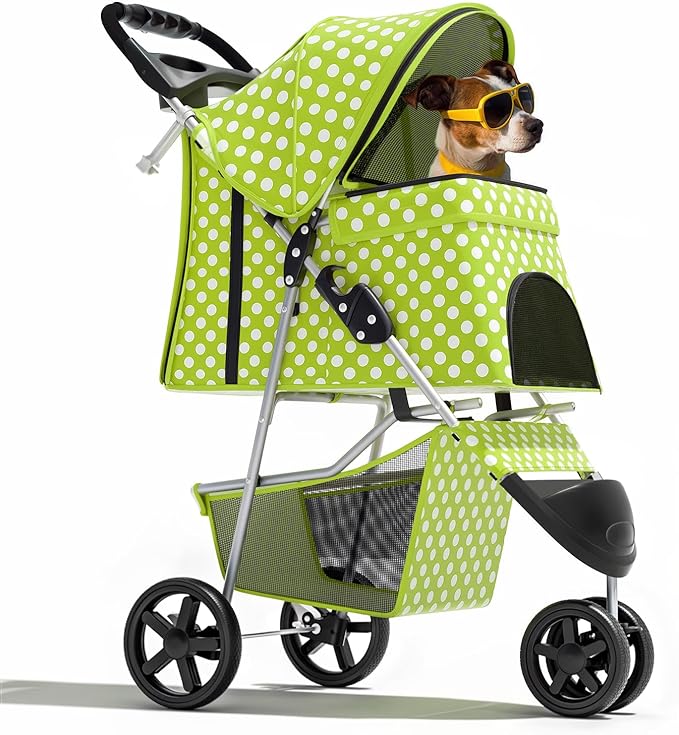 Magshion 3-Wheel Pet Stroller, Foldable Travel Jogger for Small & Medium Dogs & Cats (Up to 33lbs), Lightweight Carrier with Breathable Mesh Cover, Cup Holder & Storage Basket, Lawn Green Polka Dots