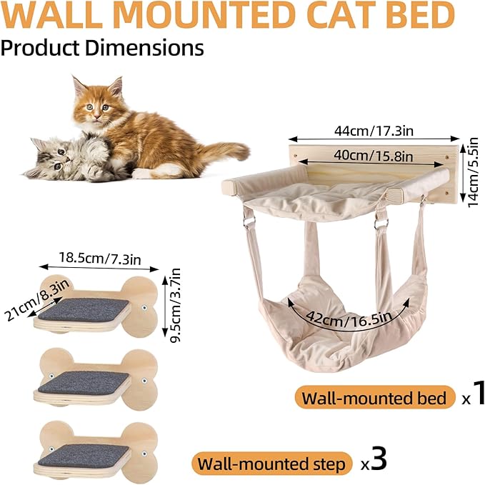 Wall Mounted Cat Double Hammock & 3 Steps, Pine Climbing Shelf & Perch Set, Multi-Function Wall-Mounted Cat Furniture for Sleep Play Climb, Easy DIY Installation