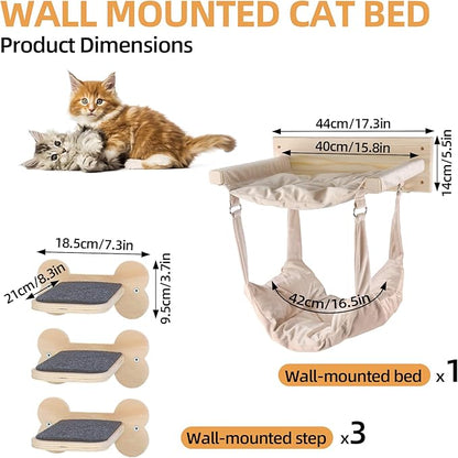Wall Mounted Cat Double Hammock & 3 Steps, Pine Climbing Shelf & Perch Set, Multi-Function Wall-Mounted Cat Furniture for Sleep Play Climb, Easy DIY Installation