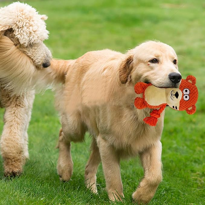 Cute Animals Interactive Squeaky Dog Toy with a Vocal Bladder, Crinkle Paper Stuffed Soft Cotton Chew Toy, Teething Rope Tug of War Pull Toy to Keep Them Busy for Puppy, Small Dogs - Orange Tiger